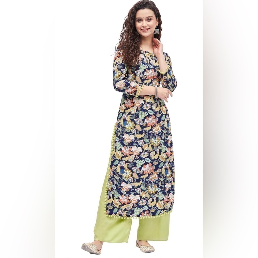 Tissu Women's Rayon Blue & Green Printed Straight Kurta Small NEW